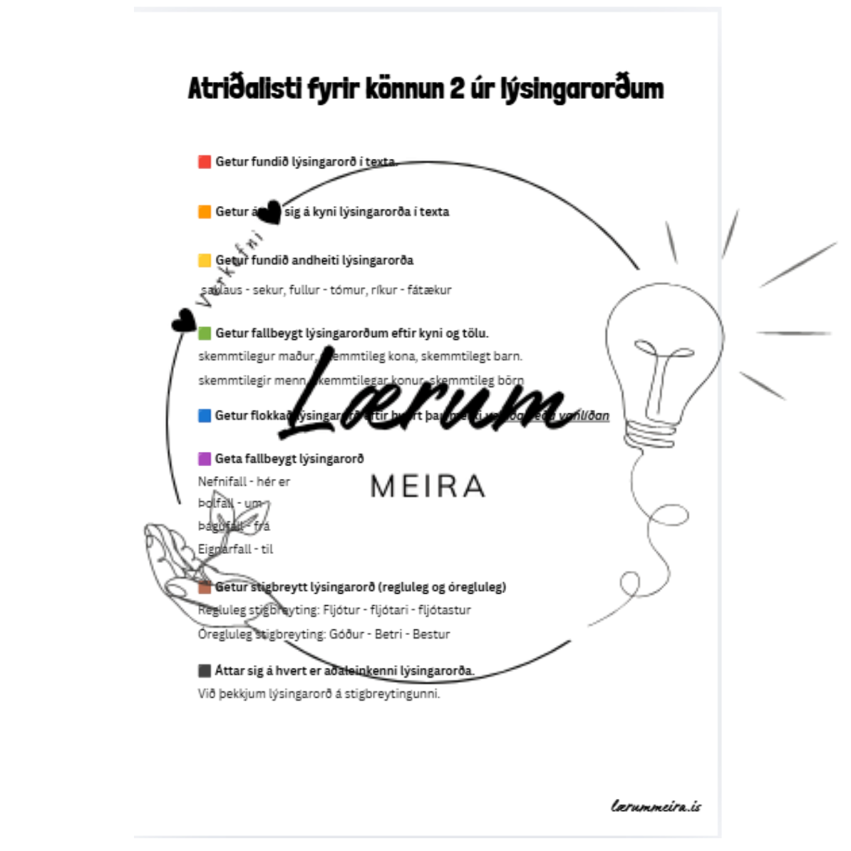 Lýsingarorð 2: Atriðalisti, upprifjun og könnun - Miðstig